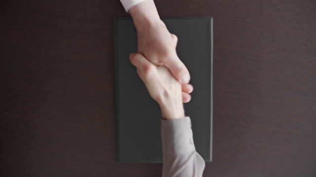 Woman closes a file with a contract and shakes hands with a businessman