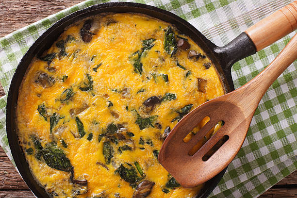 istock omelette with spinach, cheddar and mushrooms in a pan close-up. 639678548
