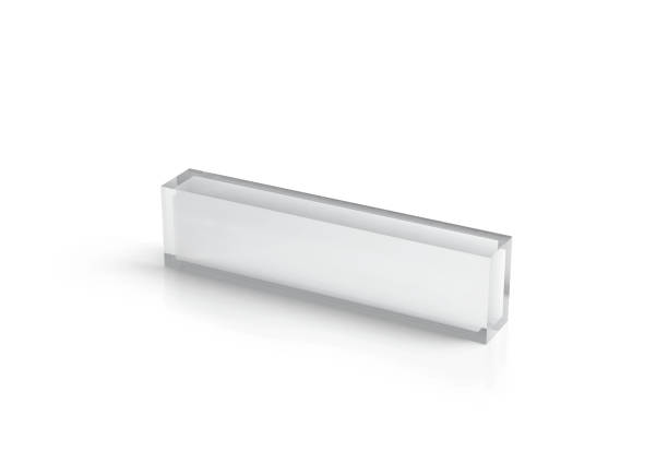 Blank transparent glass desk block mockup, 3d rendering. Clear plexiglas name plate design mock up. Empty plastic namplate template isolated on white. Corporate stationery perspex rectangle display