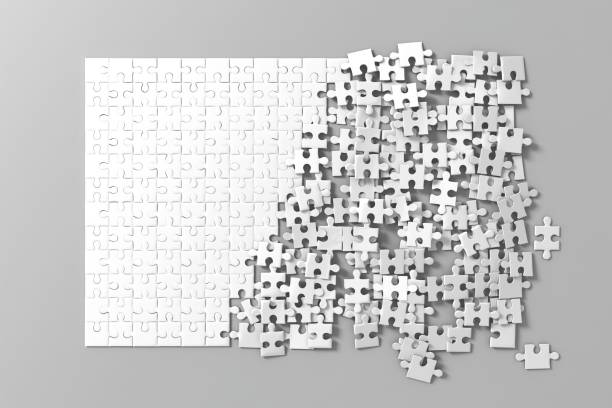 Blank white unfinished puzzles game mockup, connecting together, Blank white unfinished puzzles game mockup, connecting together, 3d rendering. Clear jigsaw pieces merging, design mock up. Big desktop toy template. mergers and acquisitions photos stock pictures, royalty-free photos & images