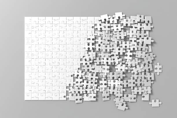 Blank white unfinished puzzles game mockup, connecting together, Blank white unfinished puzzles game mockup, connecting together, 3d rendering. Clear jigsaw pieces merging, design mock up. Big desktop toy template. undone stock pictures, royalty-free photos & images