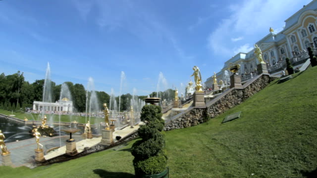 Famous Great Cascade at Peterhof park, Central cascading fountain from the side, many gold sculptures