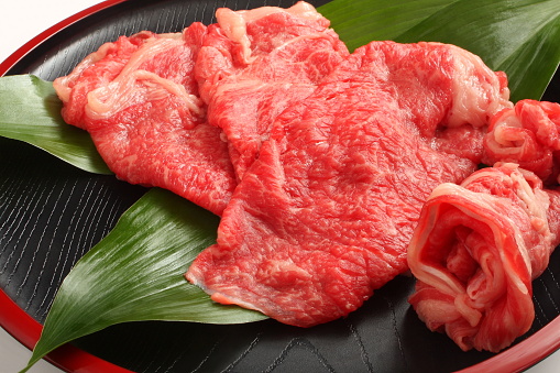 Thinly sliced Kobe beef for sukiyaki.