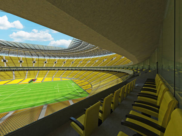 calcio rotondo - stadio di calcio con sedili gialli - soccer field soccer corner stadium foto e immagini stock