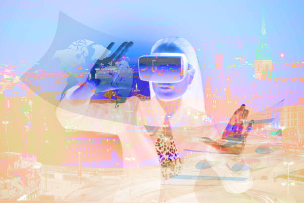 istock Virtual reality : Businesswoman wearing a three-dimensional glas 639686996