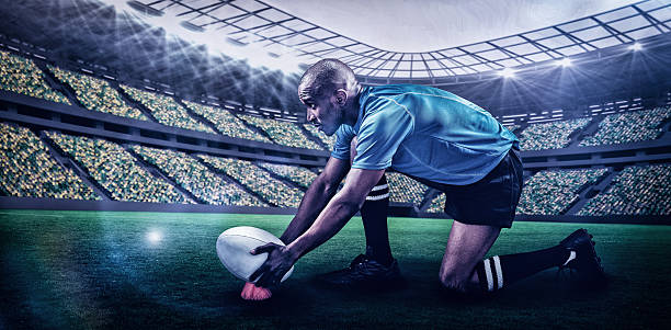 istock Composite image of rugby player keeping ball 3d 639687952