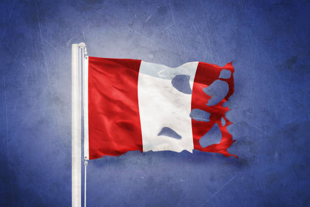 istock Torn flag of Peru flying against grunge background 639691700