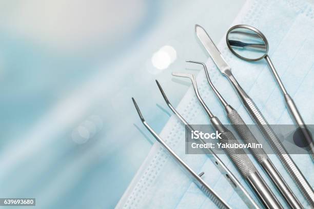 Set Of Metal Dentists Medical Equipment Tools Stock Photo - Download Image Now - Dental Equipment, Dentist, Dental Health