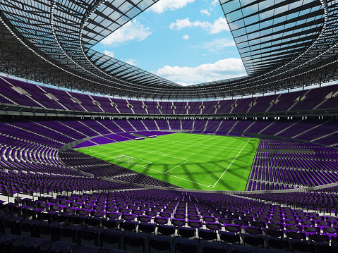 3D render of a round football -  soccer stadium with  purple seats and VIP boxes for hundred thousand people
