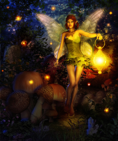 a 3d painting of a fairy guarding a magical forest and holding a lantern