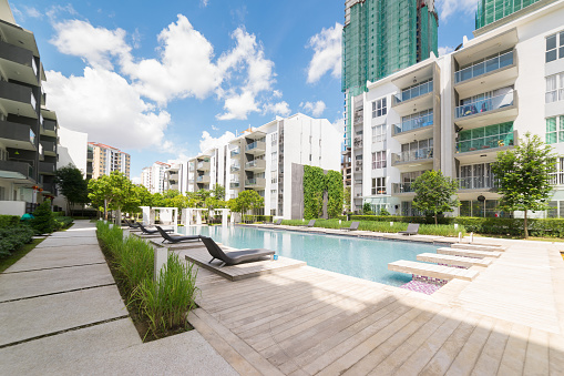 Modern residential buildings with outdoor facilities, Facade of new low-energy houses