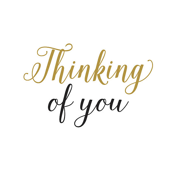 Thinking of you lettering in black and gold colors Thinking of you lettering in black and gold colors. Valentines postcard about missing. Handwritten text, calligraphy. Can be used for postcards, posters and leaflets thinking of you card stock illustrations