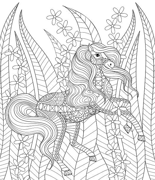 Hand drawn horse in grass and flowers Hand drawn horse in grass and flowers for adult anti stress coloring page, art therapy, greeting card, decoration element. Patterned monochrome animal illustration. unicorn coloring pages stock illustrations