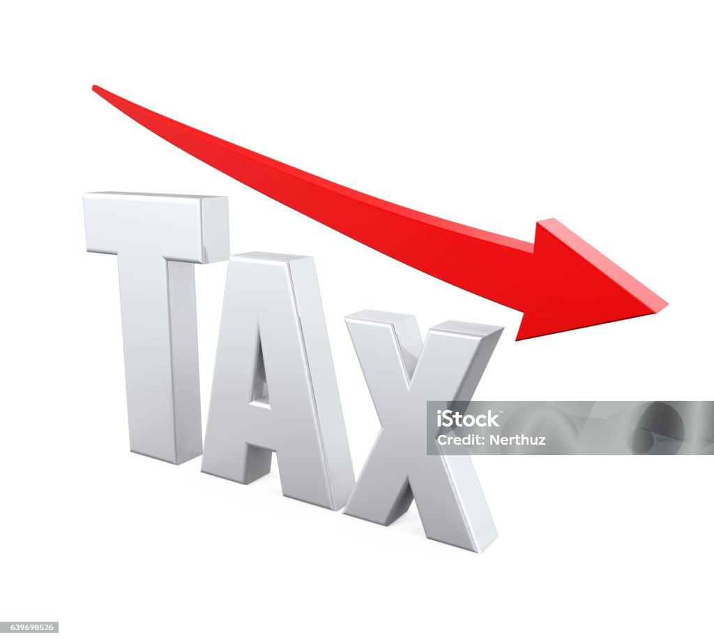 Tax Reduction Concept Tax Reduction Concept isolated on white background. 3D render Arrow Symbol Stock Photo