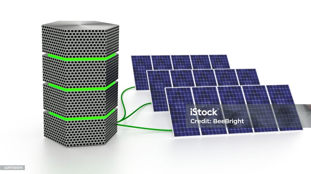 Solar Server Picture Green Glowing Server Connected To Three Solar Panels Isolated Stock ...