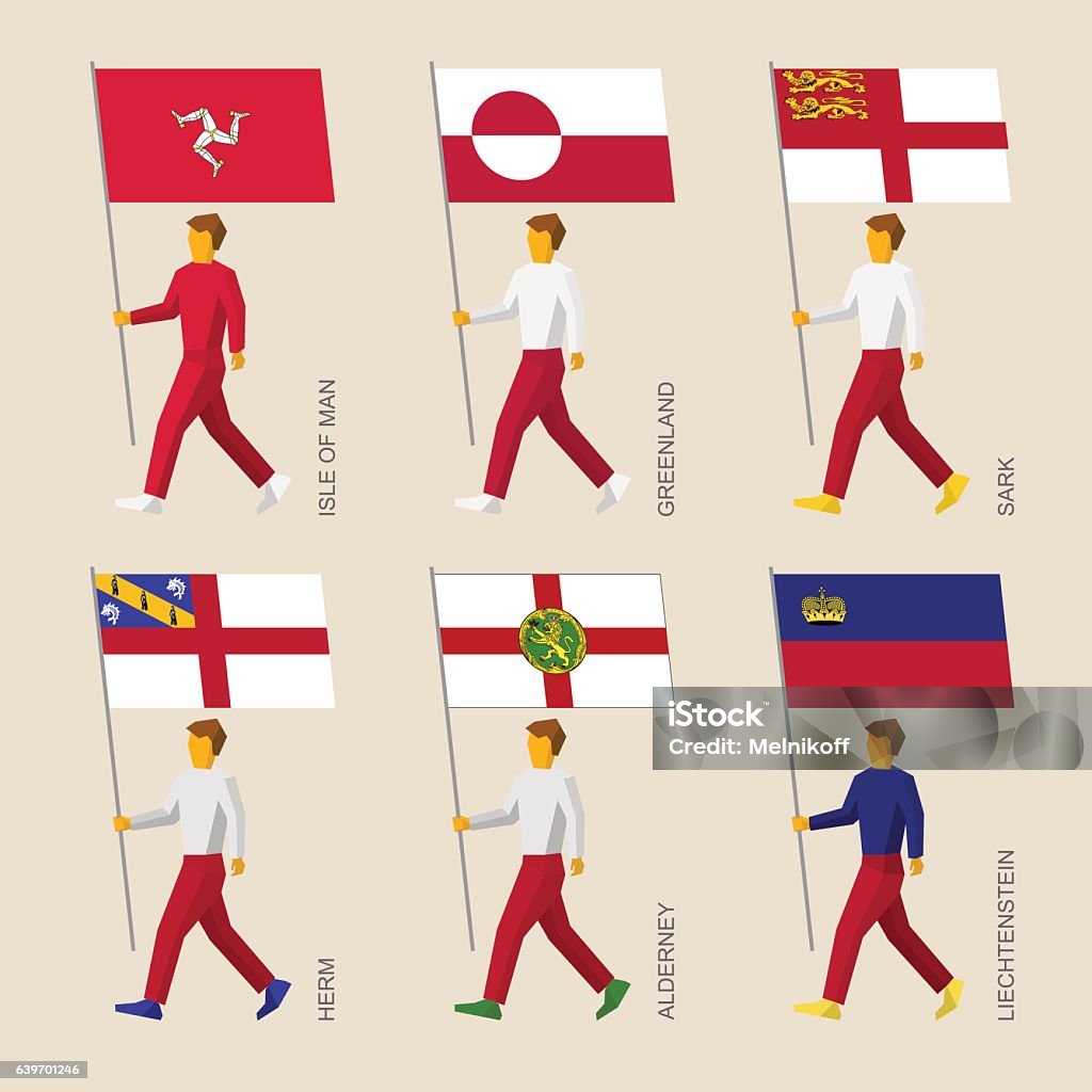 Set of simple flat people with flags of countries Set of simple flat people with flags of countries and islands. Standard bearers infographic - Greenland, Liechtenstein, Isle of Man, Herm, Sark, Alderney Adult stock vector