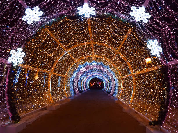 istock tunnel decorated with festive illumination light of different colors 639701338