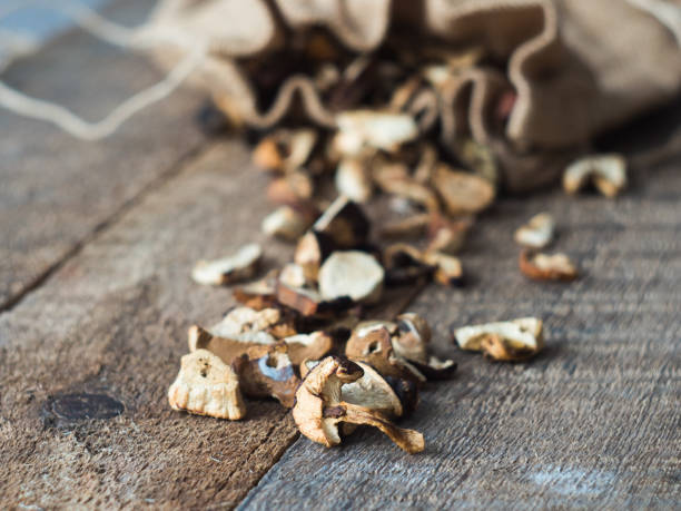 istock Forest Dried Mushrooms closeup Rustic Wooden background. Side View 639702730