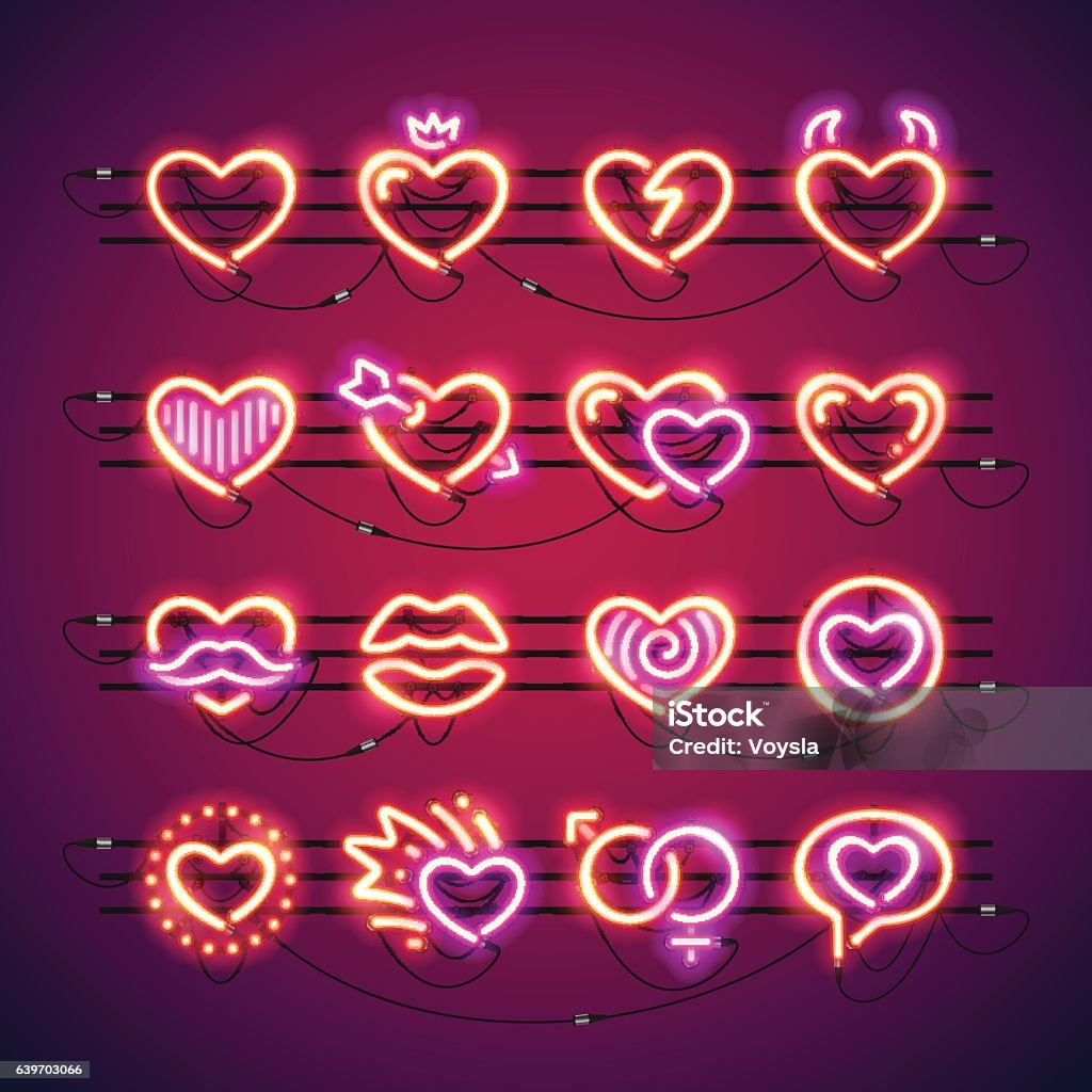Valentine Neon Hearts Set of Valentines neon hearts makes it quick and easy to customize your romance projects. Used neon vector brushes included. Heart Shape stock vector