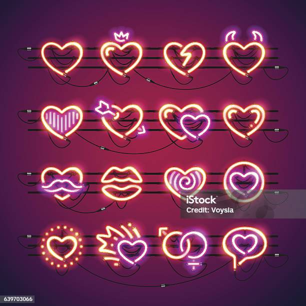 Valentine Neon Hearts Stock Illustration - Download Image Now - Heart Shape, Neon Colored, Neon Lighting