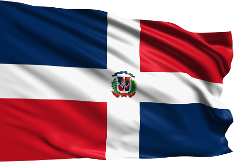 Dominican Republic national flag waving in the wind. Sky background 3D illustration