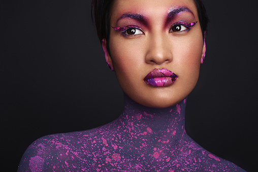 Fantasy violet make up, beautiful asian model, woman portrait