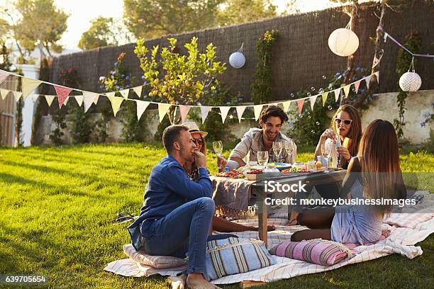 Group Of Friends Enjoying Outdoor Picnic In Garden Stock Photo - Download Image Now - Picnic, Friendship, Summer