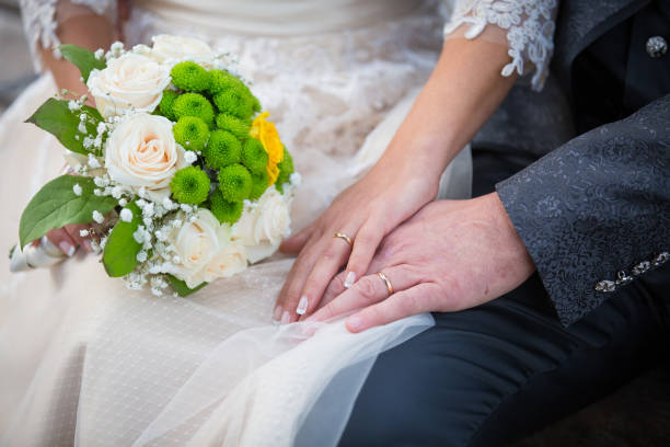 istock Wedding, rings and bouquet 639706388