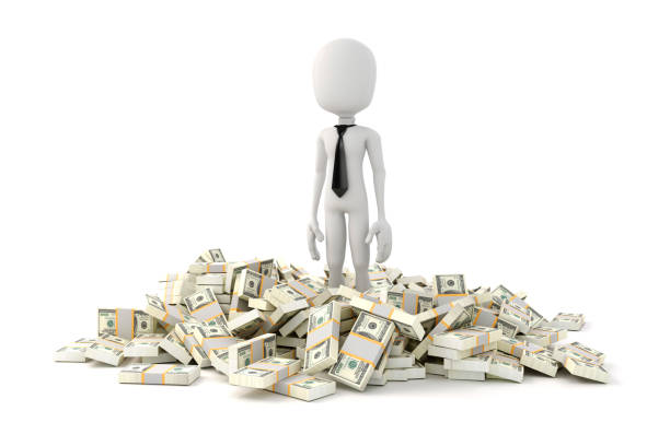 istock 3d man businessman standing on stack of money 639707178