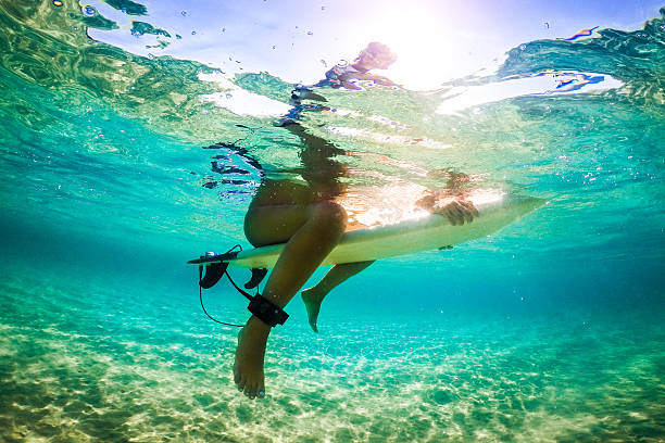 istock Surfer girl floating on a surfboard 639708730