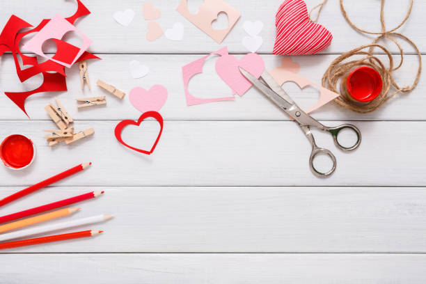 istock Valentine day handmade scrapbook background, cut and paste hearts card 639709724