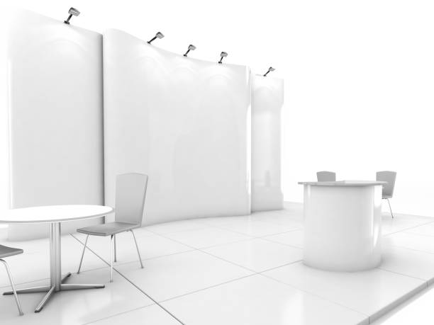 istock Blank creative exhibition stand design with color shapes. Booth template 639710002