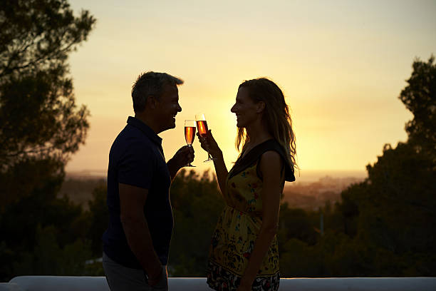 pareja de adultos haciendo un brindis en una azotea al atardecer - face to face twilight togetherness vertical fotografías e imágenes de stock