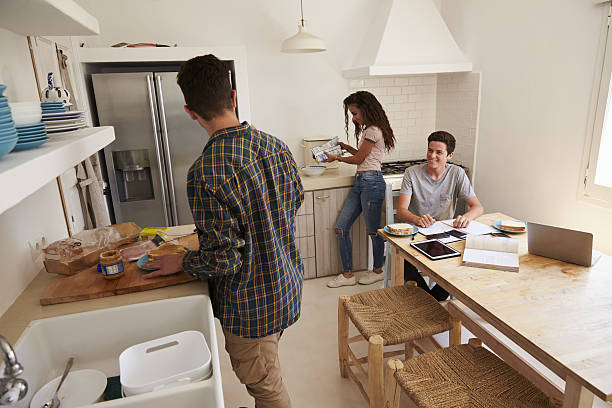 istock Teenagers making lunch and studying together in a kitchen 639711250