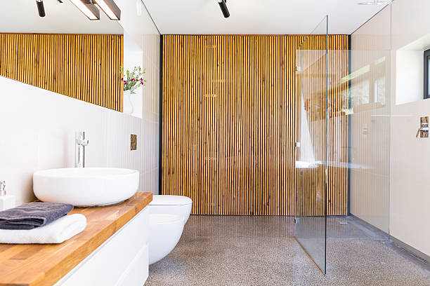 istock Bathroom with wooden divider idea 639711744