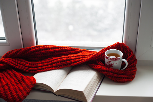 Cozy winter still life: mug of hot tea and opened book with warm plaid on modern windowsill against snow landscape from outside. Selective focus.