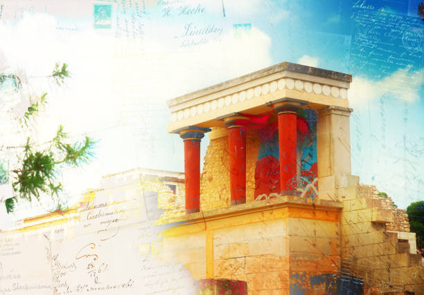 Vintage postcard of ancient ruines of famouse Knossos palace at Crete, Greece, retro toned