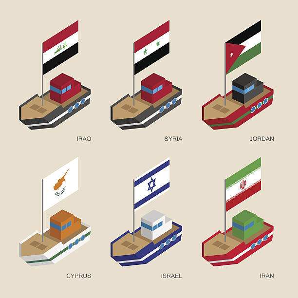 ilustrações de stock, clip art, desenhos animados e ícones de isometric ships with flags: iraq, iran, jordan, syria, cyprus, i - daily cruiser