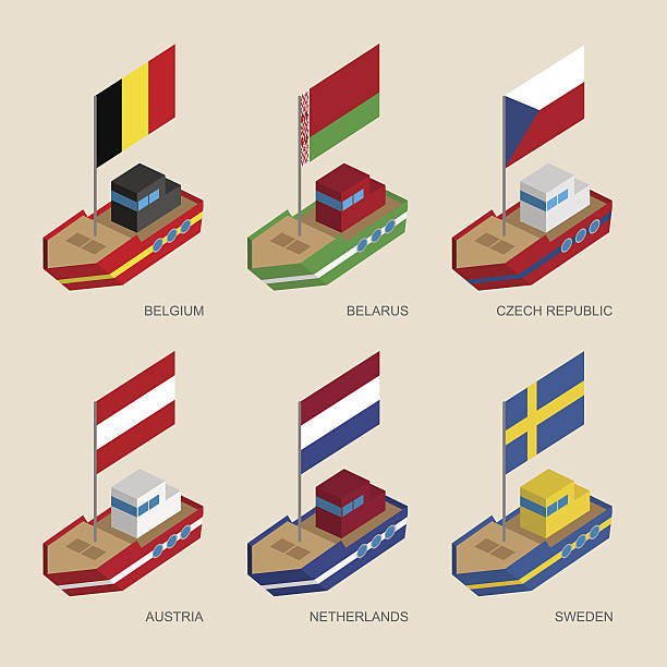 ilustrações de stock, clip art, desenhos animados e ícones de isometric ships with flags: belgium, belarus, czech republic, au - daily cruiser