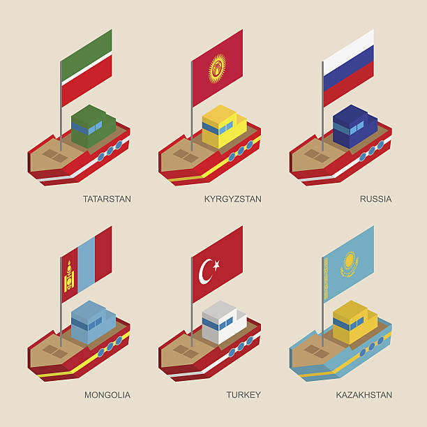 ilustrações de stock, clip art, desenhos animados e ícones de isometric ships with flags: russia, kazakhstan, kyrgyzstan, turk - daily cruiser