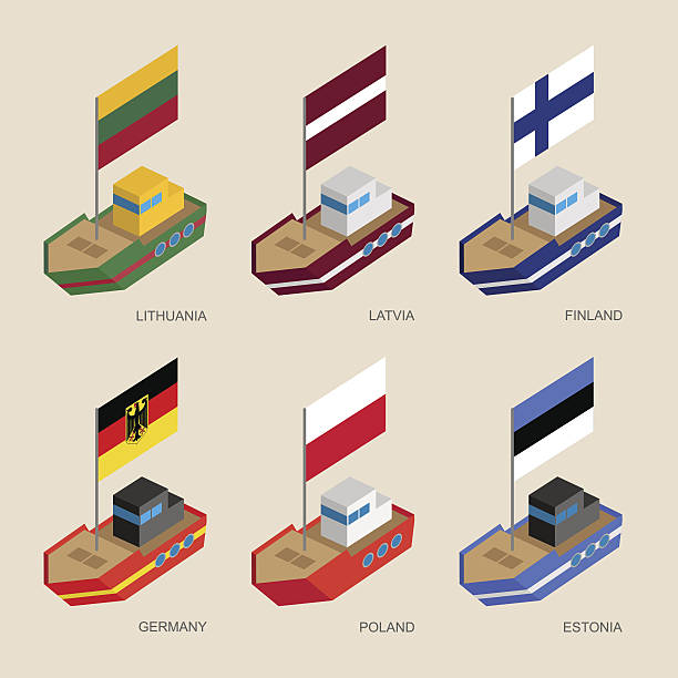 ilustrações de stock, clip art, desenhos animados e ícones de isometric ships with flags: germany, latvia, estonia, lithuania, - daily cruiser