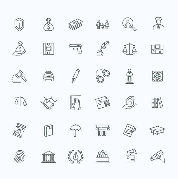 Legal, law and justice icon set Modern thin line icons of law and lawyer services. lawyer icons stock illustrations