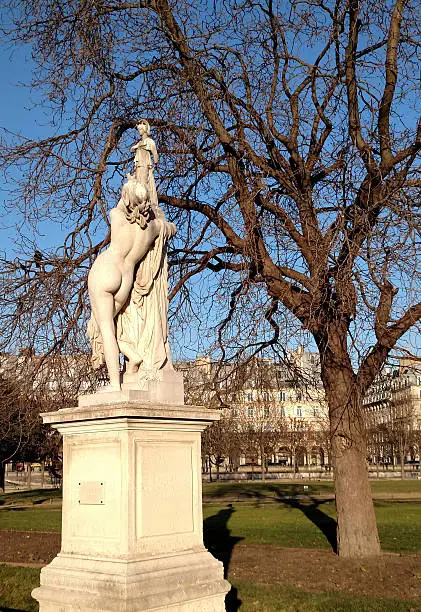 Leafless trees and statuary in winter Tuileries Gardens Paris France