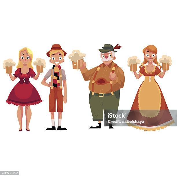 People In Traditional German Bavarian Costume Holding Beer Mugs Beer Fest Stock Illustration - Download Image Now