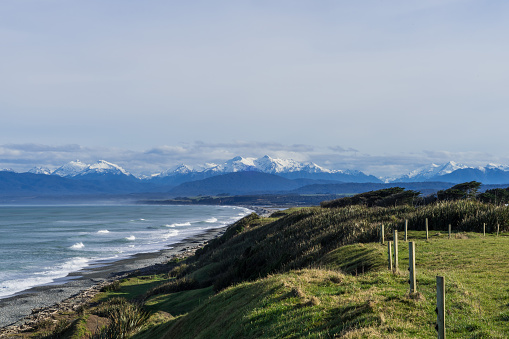 View of the beach and the white mountains from Mc Cracken's Rest, New Zealand