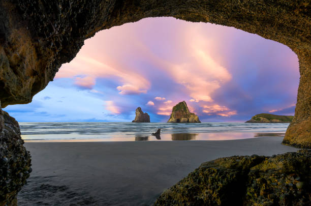 wharariki strand, neuseeland bei sonnenuntergang landschaft - golden bay stock-fotos und bilder