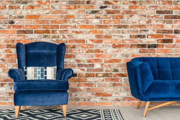 istock Blue armchair and pattern rug 639721728