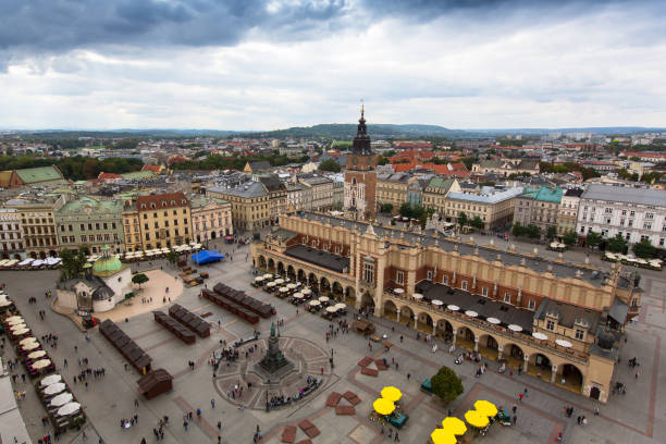 istock Main market square in Krakow, Poland. Birds flight view. 639722262