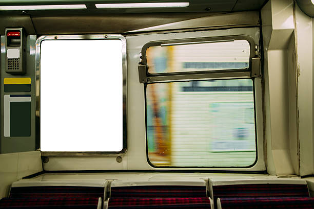 рекламная панель внутри поезда метро - nobody subway station subway train underground стоковые фото и изображения