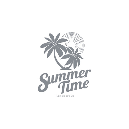 Black white, silhouette logo template with two palm trees and stylized sky, vector illustration isolated on white background. Black white summer time logotype, logo template with tropical palms